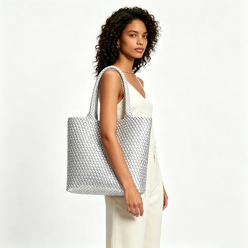 BAGOK Woven Tote Bag for Women, Handwoven Vegan Leather Shoulder Bag with Clutch, Large Tote for Work, Travel & Beach - color: Silver