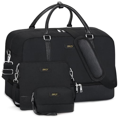 Weekender Bags for Women Overnight Bags with Shoe Compartment 21" Duffle Travel Bag for Traveling Weekend Gift 3pcs Set - color: A9-Nylon-Black