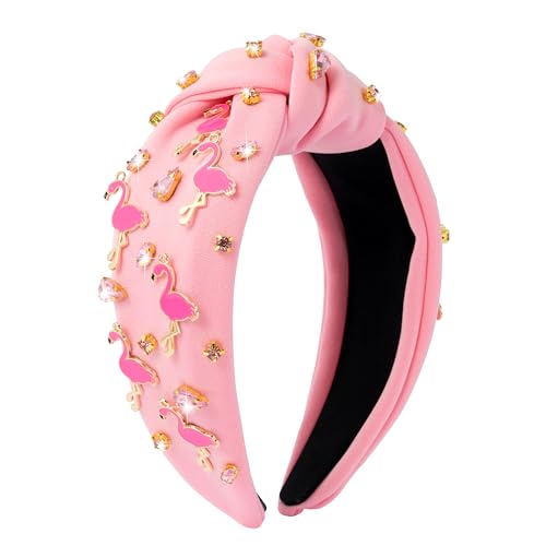 PANTIDE Flamingo Jeweled Knotted Headband - Summer Flamingo Rhinestone Embellished Headband Non Slip Wide Top Knot Hairband Hair Accessories Hawaii Beach Pool Party Birthday Gift for Women Girl (Pink) - color: Pink Flamingo