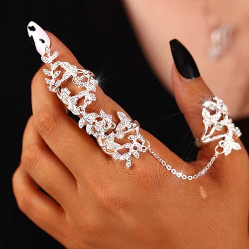 Yalice Charm Leaf Full Finger Ring Bracelets Dainty Knuckle Open Ring Harness Hand Chains Adjustable Statement Rings Jewelry for Women Gift - color: Silver-2