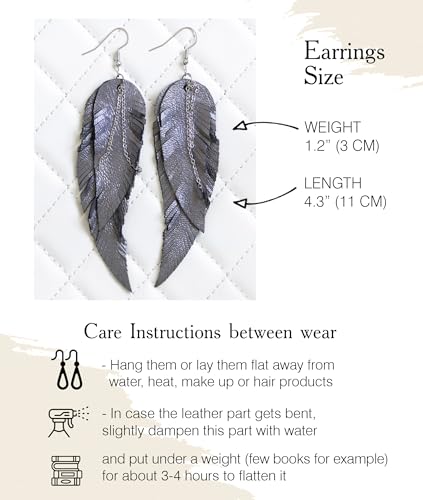 Black shiny Leather Feather Earrings for Women, Lightweight Minimal Boho Dangle Earrings, Small Simple Everyday Jewelry - color: dark grey metallic