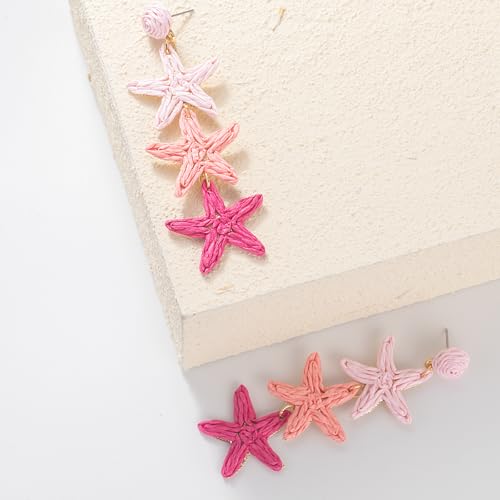 Boho Raffia Earrings Starfish Shell Seashell Dangle Drop Earrings Cute Statemnet Trendy Jewelry Summer Beach Outfits for Women - color: Pink, size: Seastar