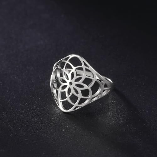 TEAMER Filigree Flower Ring Stainless Steel Elegant Bohemian Finger Ring Wedding Band Ring Exquisite Jewelry for Women - color: Style 1 - Silver