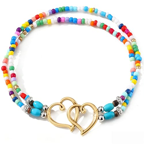 Ankle Bracelets for Women Waterproof Elastic Heart Anklet Stretchy Ankle Bracelets Colorful Beaded Anklets Boho Ankle Bracelets Silver Beach Anklet Jewelry Accessories for Summer - color: Gold Rainbow Anklets