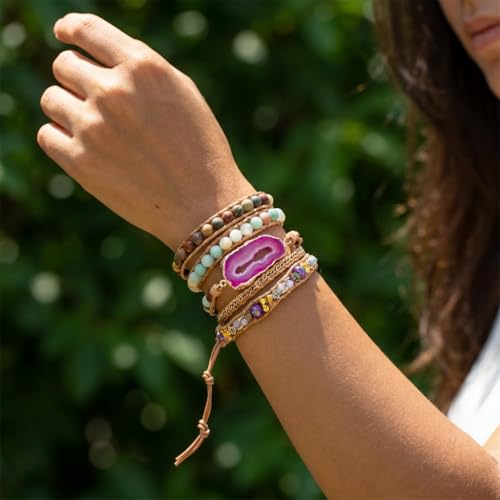 YGLINE Natural Stone Beaded Healing Wax String 5 Wraps Bracelets - color: agate 2