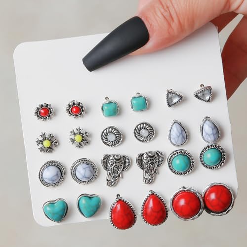 36 Pairs Imitation Pearl Earrings Round Ball Ear Studs Colorful Faux Mixed Sizes Stud Earrings Set for Women Classic Bohemian Turquoise Oval Jewelry Gifts - color: Style 04(12 Pairs)