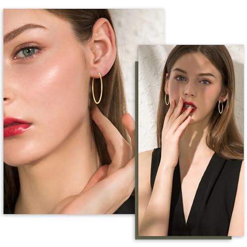 Gold Hoop Earrings for Women, 14K Gold Earrings for Women, Dainty Gold Vermeil Endless Thin Hoops, 14K Gold Plated 925 Sterling Silver, 35/45/55mm - size: 35mm