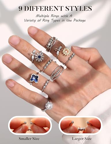 sailimue Anxiety Ring Fidget Ring for Women Men Spinner Fidget Rings for Anti Anxiety Adjustable Open CZ Flower Bead Stress Relieving Spinning Rotatable Rings 9 Pcs - color: Silver