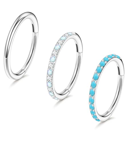 3pcs Nose Rings Hoops - 316L Surgical Steel Nose Hoops 16G/18G/20G CZ Opal Turquoise Clicker Septum Nose Ring Lip Helix Cartilage Hoop Earring Daith Rook Conch Body Piercing Jewelry for Women Men 6mm 8mm 10mm - color: Silver, size: 18 gauge(1.0mm)-8mm