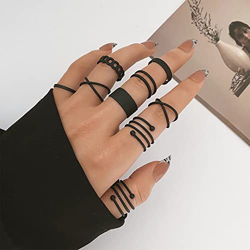 INENIMARTJ Boho Rings for Women Teen Girls,Gold Stacking Rings Set Vintage Knuckle Stackable Moon Star Snake Butterfly Heart Flower Leaf Top Finger Rings - color: 536-Black