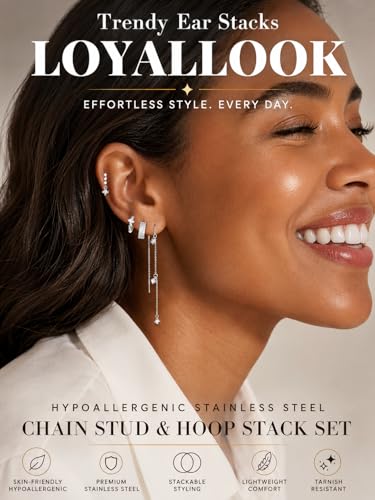 LOYALLOOK Hypoallergenic Flat Back Stud Hoop Earrings for Women, 14K Gold Plated Surgical Steel Earring Stacks Set for Sensitive Ears, Dainty Dangle Chain Silver Cartilage Earring Trendy Piercing Jewelry - color: Silver-chain