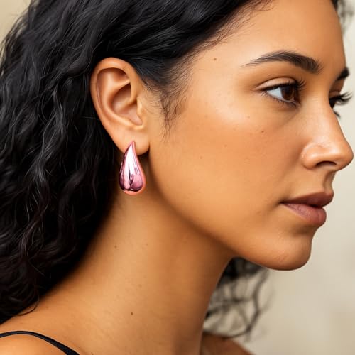 14K Gold Clip On Earrings Women,Teardrop Chunky Detachable Hoop Clip-On Earrings for Non Pierced Ears Hypoallergenic Lightweight Earring Clips - color: Golden Pink