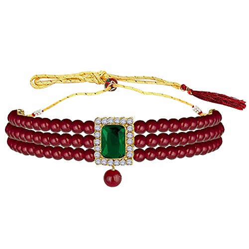 Aheli Ethnic Choker Necklace Earrings Wedding Bollywood Party Jewelry Set Gift for Women - color: Maroon Green