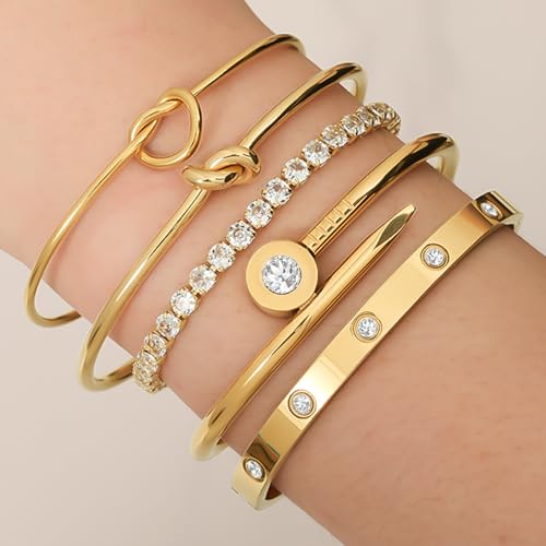 18 K Gold Plated Love Bangle Bracelet Stack Cuff Jewelry for Women Jewelry Set for Women Gift with Box - style: style8