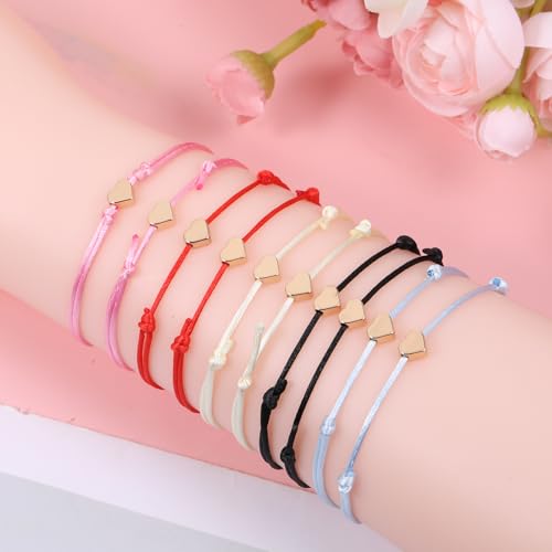 Skrfren 10 Pack Heart Friendship Bracelets, Adjustable Heart Bracelet with Gold Hearts Cord Red Bracelets for Women with Gold Hearts, Red Thread Bracelet for Women Friends Partners Lovers