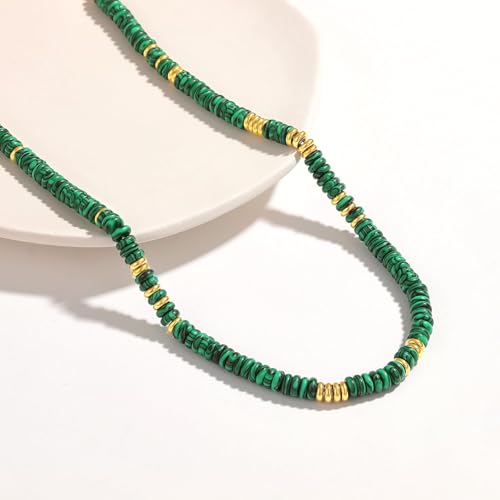 KissYan Boho Beaded Choker Necklace for Women, Gemstone Choker Natural Stone Freshwater Pearl Surfer Necklaces 14K Gold Plated Summer Beach Handmade Jewelry - color: Q-Malachite