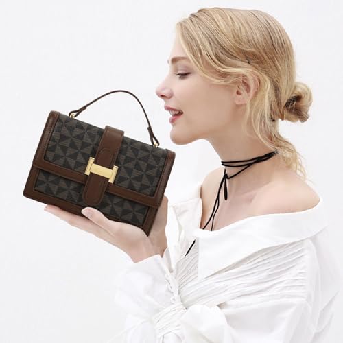 KKXIU Crossbody Bags for Women - Top Handle Purses for Lady, Leather Handbags Shoulder Clutch with Adjustable Shoulder Strap - color: Brown Checkered