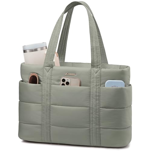 LOVEVOOK Tote Bag for Women, Large Puffer Work Tote Laptop Bag, Lightweight Travel Tote Bag with Zipper Gifts for Women - color: Gray-green-a, size: 15.6 Inch