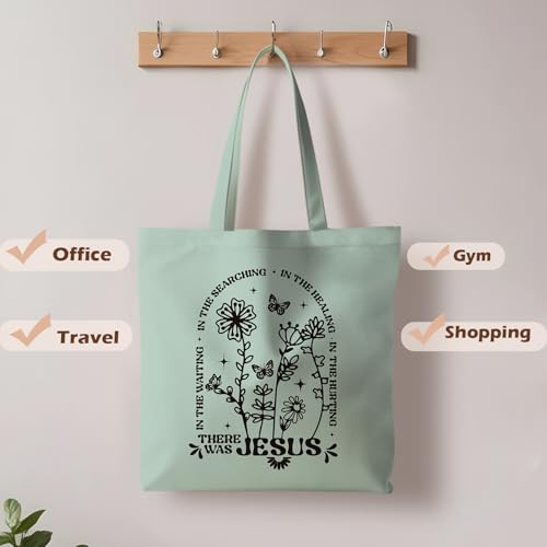 Jesus Tote Bag, Christian Tote Bags for Women, Religious Reusable Grocery Bags - color: Green Floral