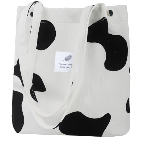 Corduroy Tote Bag for Women Small Canvas Shoulder Purse Cord Handy Bag with Inner Pocket | with Front Pocket - color: 03 Cow