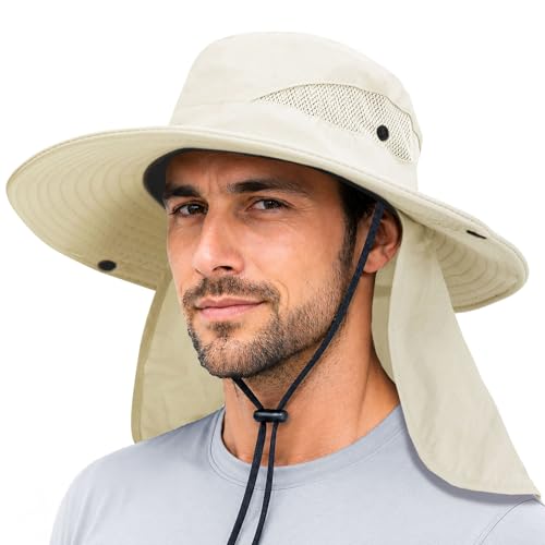 PFFY Sun Bucket Hats for Men Women Fishing Hat UV Protection Wide Brim Beach Safari Hat with Neck Flap - color: Beige (With Neck Flap)