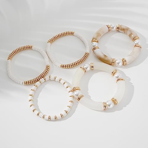 GOOJIDS Simple Beaded Gold Plated Bangles Bracelet Chunky Bamboo Tube Curved Stacking Clear Acrylic Colorful Beads Stretchable Gold Plated Bracelets Set For Women - color: A-A1 Ivory Set