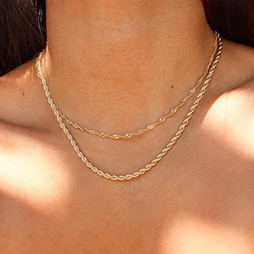 CHESKY Layered Necklaces for Women, 14K Gold Plated Chain Necklace Women Trendy Cuban Link Paperclip Chain Toggle Clasp Necklace Fashion Chunky Jewelry for Women - style: Wave/Rope-GD