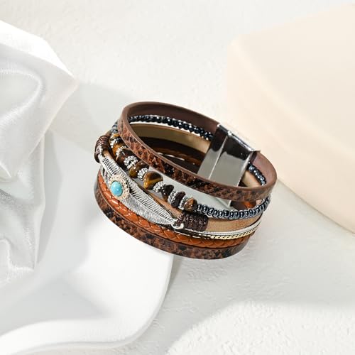 VIBILIA Boho Leather Wrap Bracelets for Women Men Multi-Layer Bracelets with Strong Clasp Western Jewelry - color: 09-Gravel Feather-Coffee