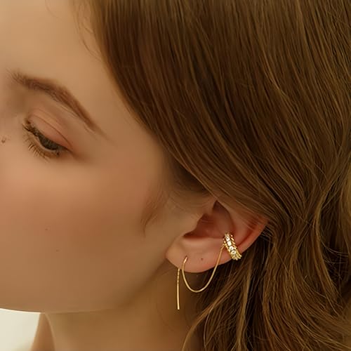 Gold Dangling Earrings for Women，Cuff earrings Chain Hoop Helix Hook Earrings for Women Unique Huggie earrings Trendy Stud ear chain 2025 Jewelry Gifts - color: gold