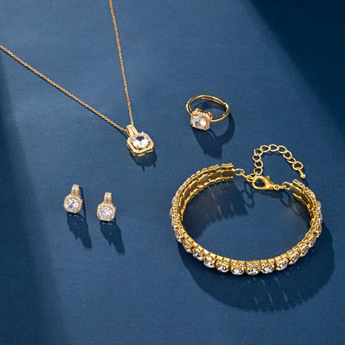 Paxuan 4pcs Cubic Zirconia Wedding Jewelry Sets for Bride Bridesmaid Cubic Zirconia Pendant Necklace Earrings Link Tennis Bracelet Open Ring Set for Women - color: Gold Plated White Cubic Zirconia
