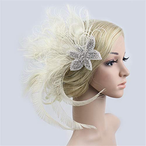 Fascinator Peacock Feather Hair Clips Flapper Headband Art Deco 20's Accessories for Women - color: 09white
