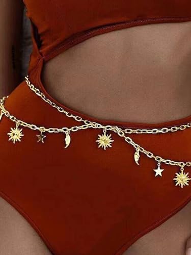 MODRSA Silver Gold Belt Chain Belt for Women Fashion Plus Size Pearl Waist Chains Metal Layered Gold Belts Chains no Tarnish Trendy Pirate Belly Belts for Women Dress Sun Moon Star Waist Jewelry - color: B1- dangle star sun moon -gold