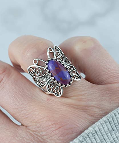 Filigranist Sterling Silver Filigree Art Butterfly Women Cocktail Ring with Gemstones - color: Mojave Turquoise