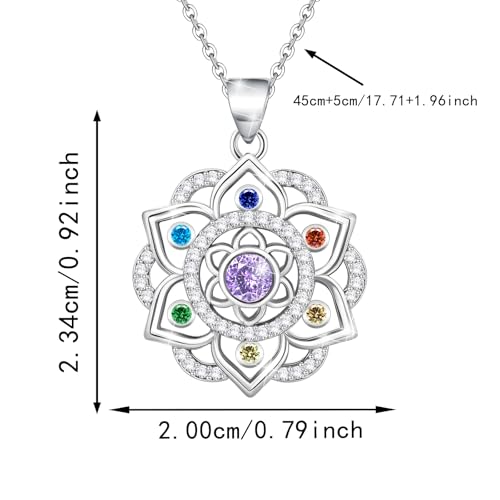 Lotus Necklace 925 Sterling Silver Chakra Flower Pendant Necklace 7 Colorful Rainbow Yoga Lotus Jewelry for Women Wife Mother's Day Birthday Valentines Gifts