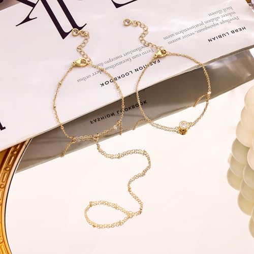 Risamil 14K Gold Plated Hand Chain Bracelets for Women Trendy, Dainty 2PCS Ring Bracelet Hand Chain Finger Bracelets Layered Stackable Link Bracelets for Women Jewelry Gifts for Women - color: BRCZ -01