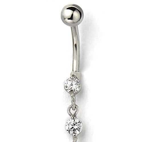 COOLSTEELANDBEYOND Belly Chain Belly Button Ring Body Jewelry Piercing Navel Ring with Long Dangle Cubic Zirconia - color: A-Metal Color:Silver; Stone Color:White