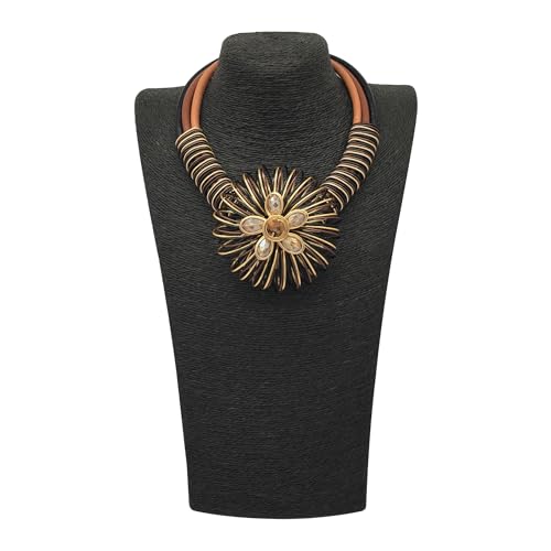 Statement African Necklace For Women African Jewelry Costume Earring Sets Tribal Fashion Colorful Big Rhinestone Crystal Pendent Collar Choker Bold Chunky Bib Handmade - color: Flower Brown