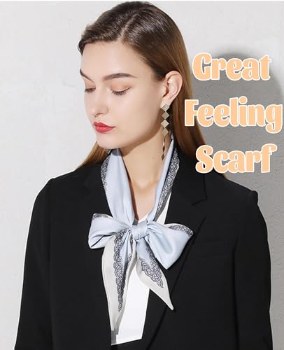 kcctoo 59” Long Silk Like Head Scarf Women's Fashion Square Neck Satin Scarfs for Bag Hair Scarves Gift 59 * 5.9” - color: L1 Lace Edge Haze Blue 59" X 5.9"
