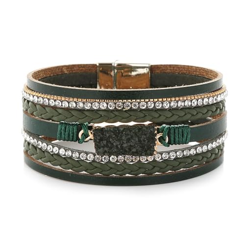 Long tiantian Leather Wrap Bracelets Boho Bracelets for Women Rhinestone Leather Bangles Boho Western Outfit Accessories Jewelry Gifts - color: green