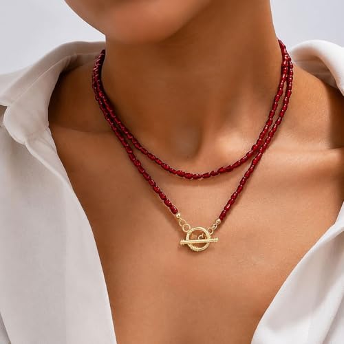 Red Beaded Necklace for Women Choker Gold Toggle Clasp Layered Stack Dainty Statement Western Boho Trendy Summer Vacation Necklaces Birthday Jewelry Gifts - color: A1:red beaded necklace