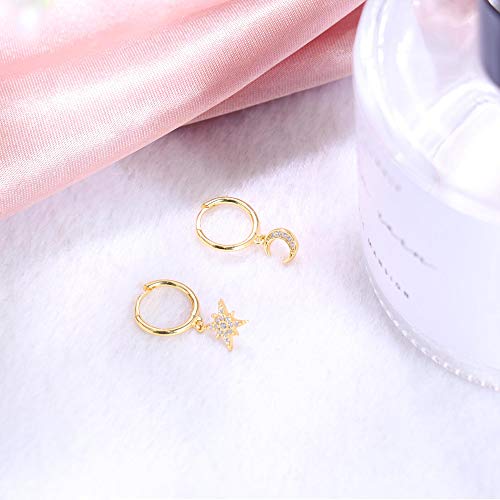 MILACOLATO 925 Sterling Silver Hoop Earrings for Women 18K Gold/Rhodium Plated Drop Dangle Hoop Earrings with Charms Cross Spike Moon Star Paperclip Link Statement Earrings Convertible Link Huggie Earrings Hypoallergenic - color: Gold Tone : 1Pairs CZ Sta