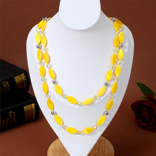 Long 48" Beaded Necklace for Women Boho Knot Strand Chunky Shell Crystal Beads Fashion Costume Jewelry for Gifts - color: Yellow