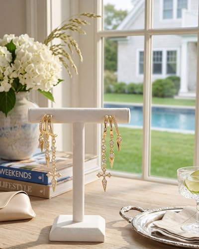 MUMREUES Gold Earrings for Women Trendy 14K Gold Plated Dangle Earrings Small Hoop Huggie Drop Stud Earrings Cubic Zirconia Simple Minimalist Dainty Chain Tassel Hypoallergenic Earrings - color: Cross & Gold