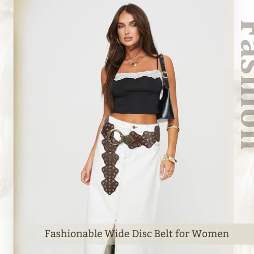 Wide Disc Belt for Women Vintage Leather Hollow Out Round Belt Western Waist Belt - color: Leaf Brown, size: S (39.7 in)
