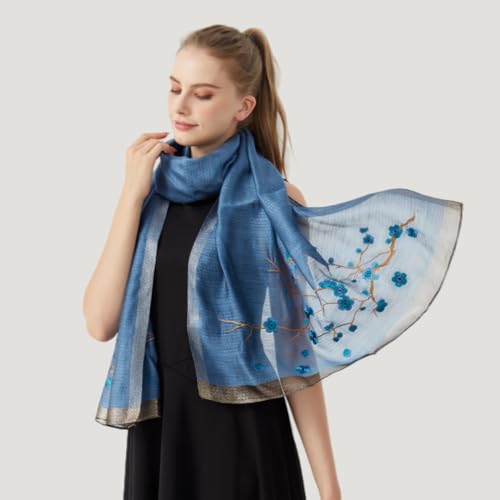WINCESS YU Women Mulberry Silk Scarf Long & Large Embroidered Floral Pattern Shawl and Wraps Neckerchief for Hair & Neck - color: Blue