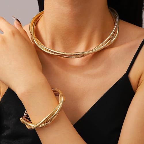 Chunky Chain Necklaces Women Statement Collar Necklace Gold Flat Snake Chain Choker Ribbed Design for Party, Dress Jewelry Gifts - color: A13