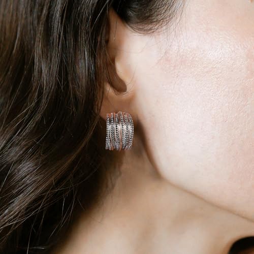 Mytys Two Tone Earrings for Women Gold and Silver Crossover Half Hoop Statement Earring Designer Stud Earrings - color: Rose Gold & Silver