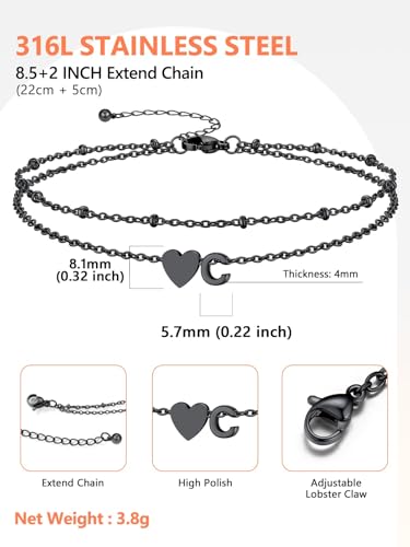 Silvora Ankle Bracelets for Women Waterproof 14K Gold/Silver/Black Initial Anklet for Women Dainty Layered Heart Ankle Bracelets Stainless Steel Adjustable Foot Chain Anklet Summer Beach Jewelry - color: Black-Stainless Steel, size: 03.C
