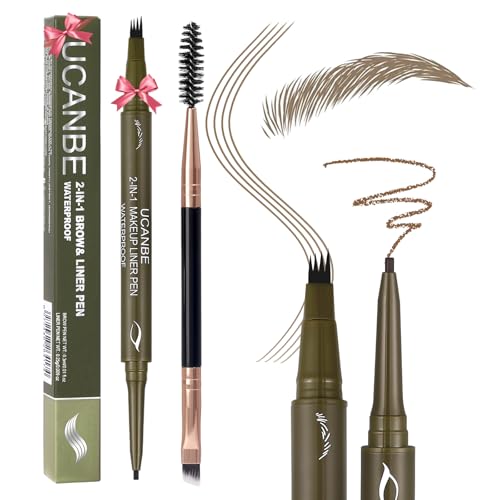 UCANBE Eyebrow Pencils for Women with Spoolie Brush, Dual-Ended Eyebrow Pen with 4-Fork-Tip & Gel Eyeliner, Microblading Brow Pen with Eyeliner Pencil + Brow Brush for Hair Like Brows, Light Brown - color: Light Brown with Brow Brush