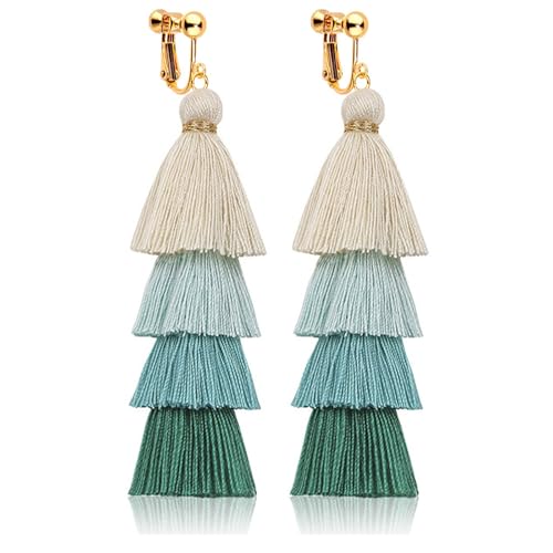 Clip on Earrings, Lightweight Colorful Layered Tassel Bohemian Statement Tiered Big Dangle Drop Earrings for Women, Non Pierced, Boho Jewelry - color: Green